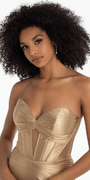 Sateen Pleated Strapless Trumpet Dress with Heat Stones - Camille La Vie
