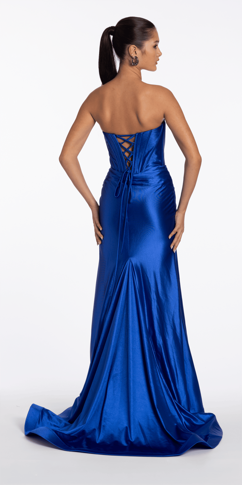 Camille La Vie Sateen Pleated Strapless Trumpet Dress with Heat Stones