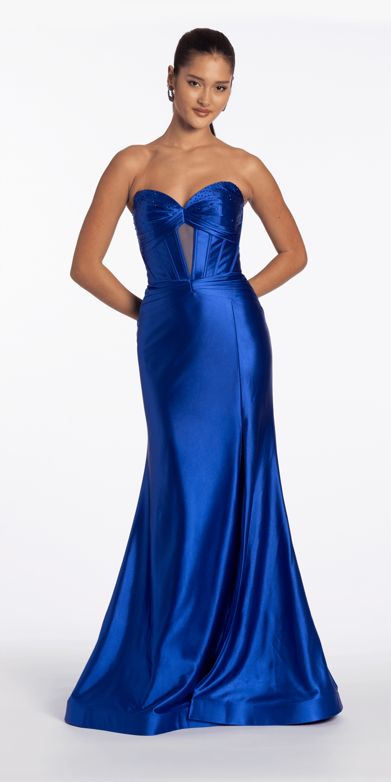 Camille La Vie Sateen Pleated Strapless Trumpet Dress with Heat Stones