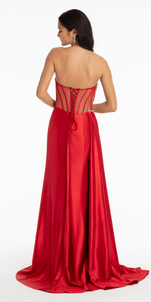 Rhinestone Satin Mock Two Piece Corset Column Dress with Side Train - Camille La Vie