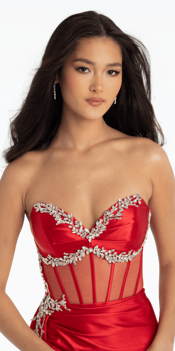 Rhinestone Satin Mock Two Piece Corset Column Dress with Side Train - Camille La Vie