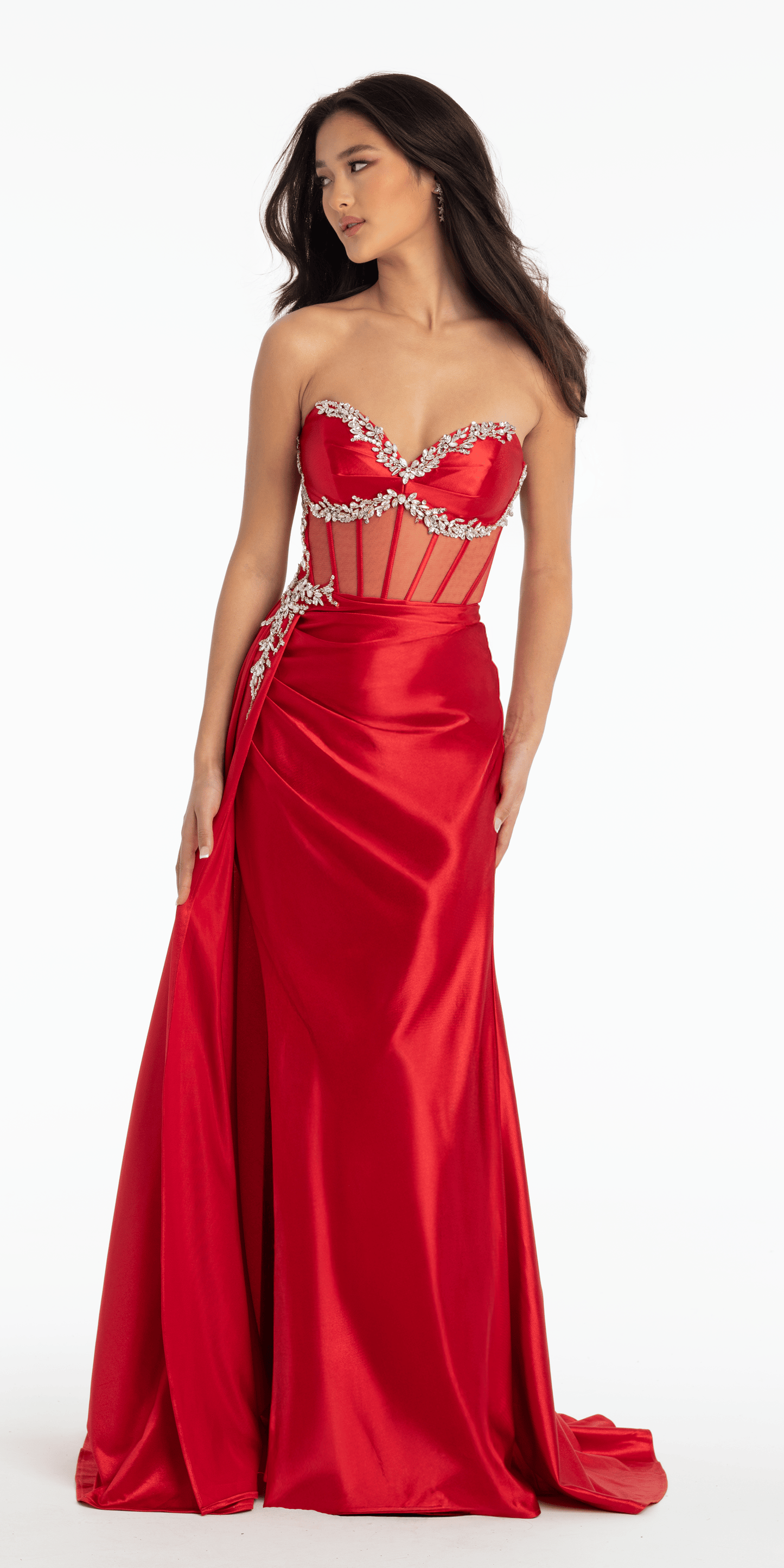 Rhinestone Satin Mock Two Piece Corset Column Dress with Side Train - Camille La Vie