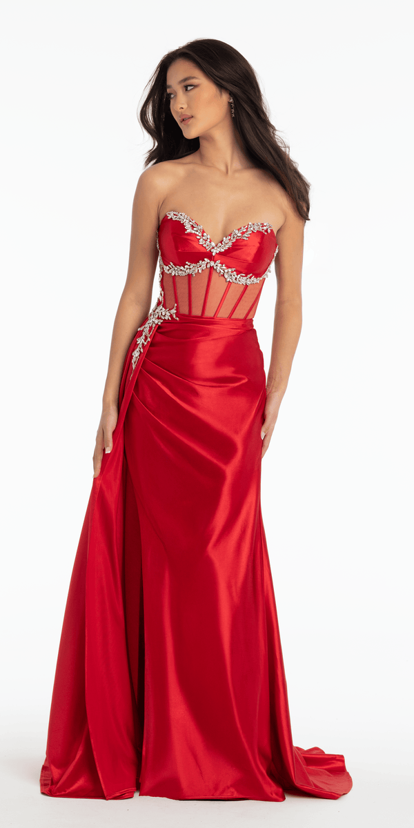 Rhinestone Satin Mock Two Piece Corset Column Dress with Side Train - Camille La Vie