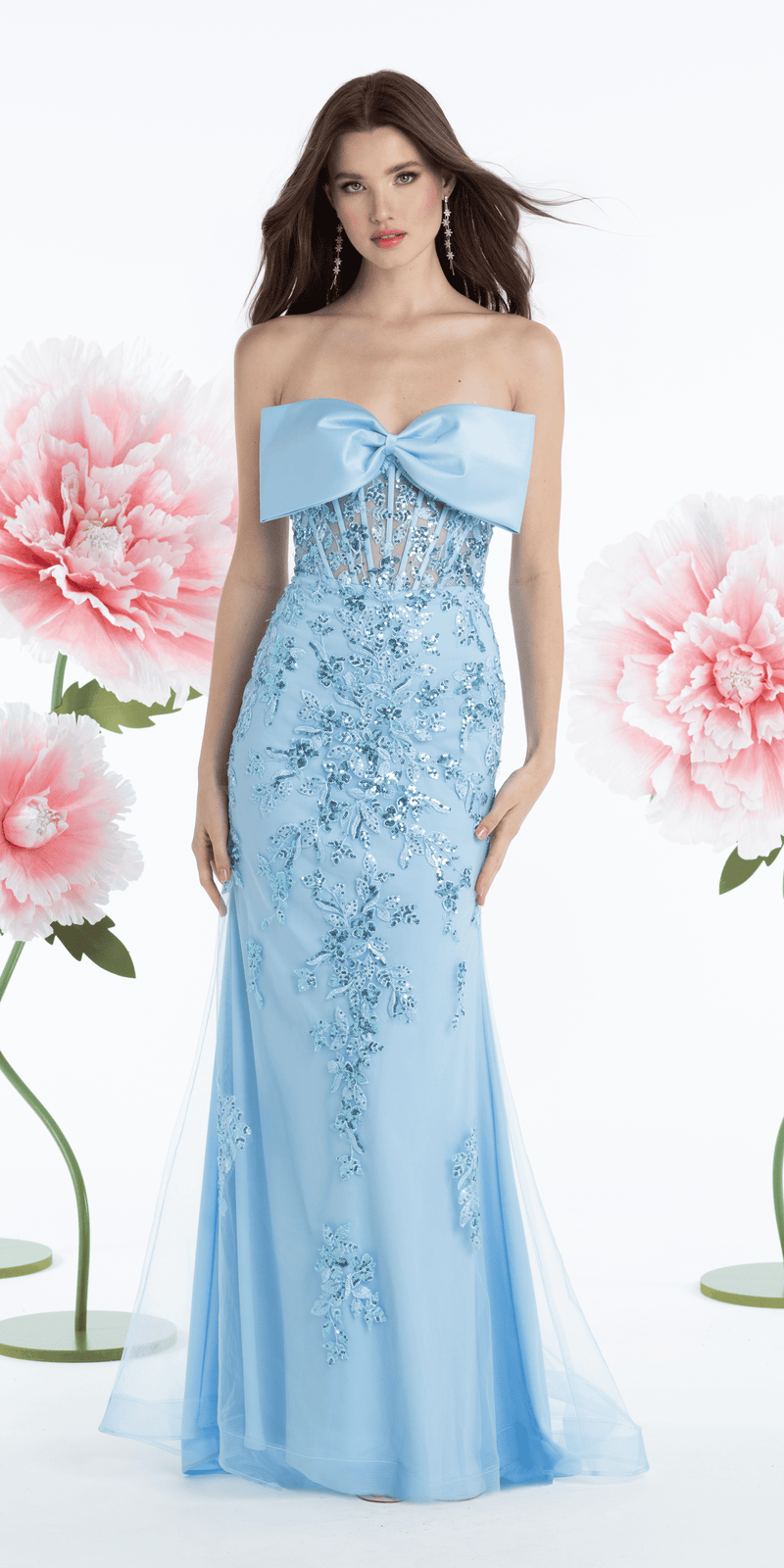 Mesh Embellished Bow Front Sheer Corset Column Dress - Camille La Vie