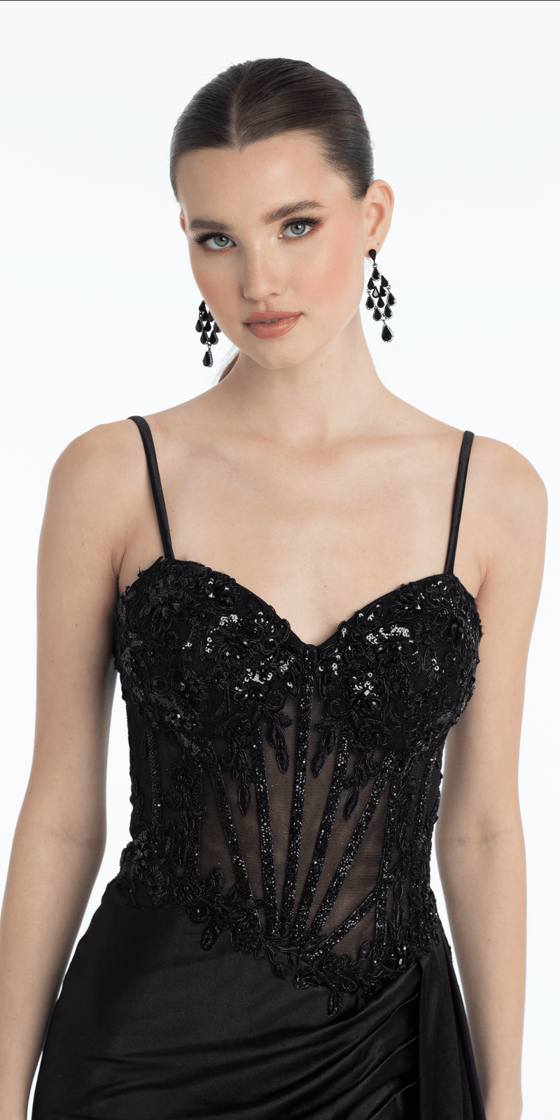 Embellished Sweetheart Corset Column Dress with Side Drape - Camille La Vie
