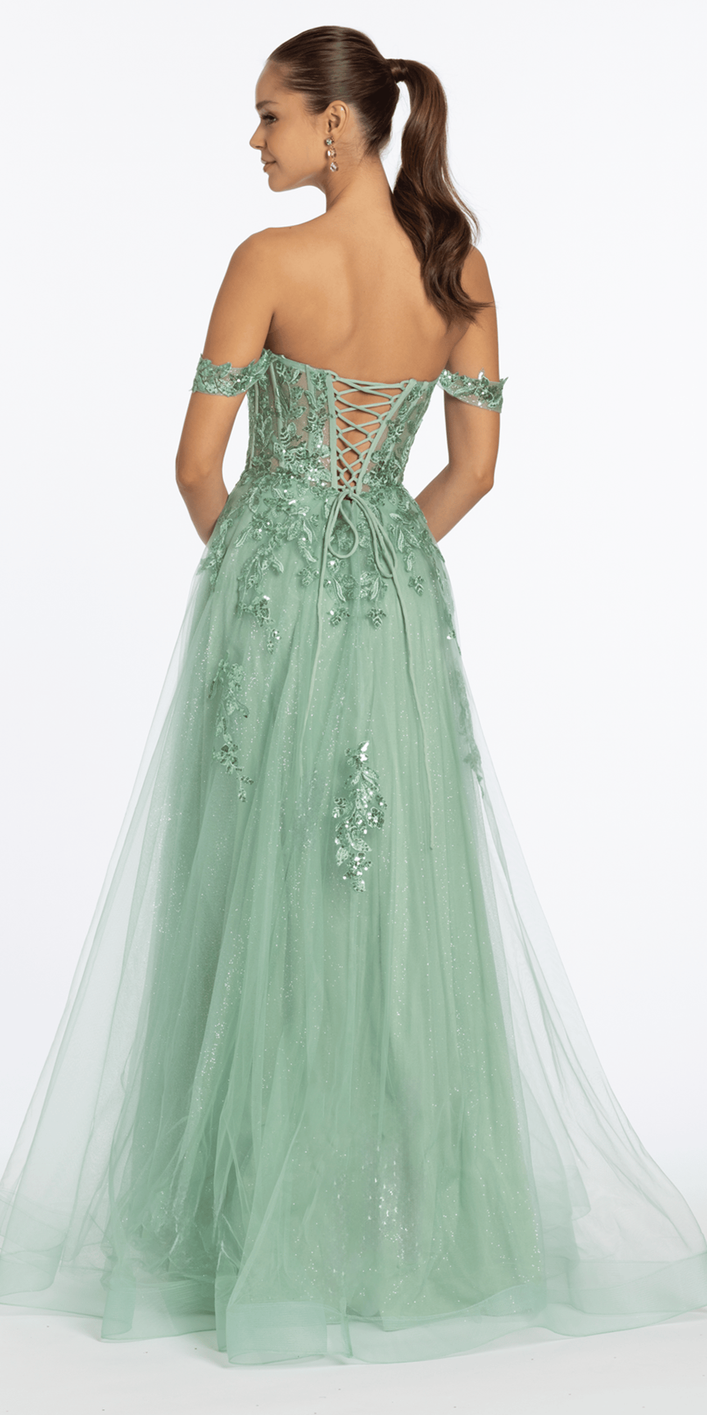 Sequin Embroidered Off the Shoulder Tulle Corset Ballgown - Camille La Vie