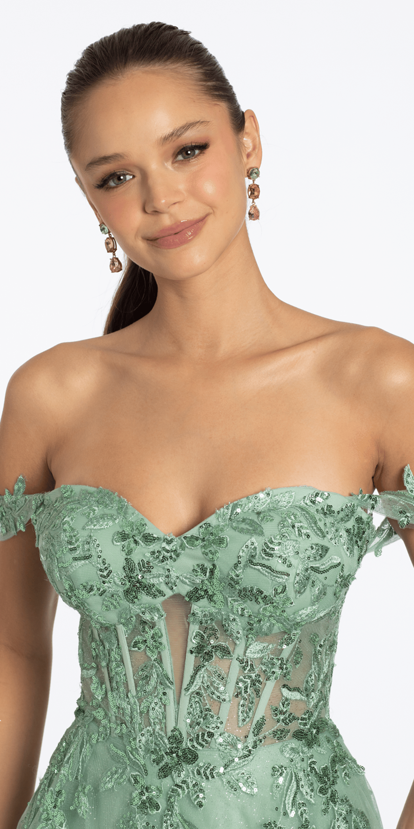 Sequin Embroidered Off the Shoulder Tulle Corset Ballgown - Camille La Vie