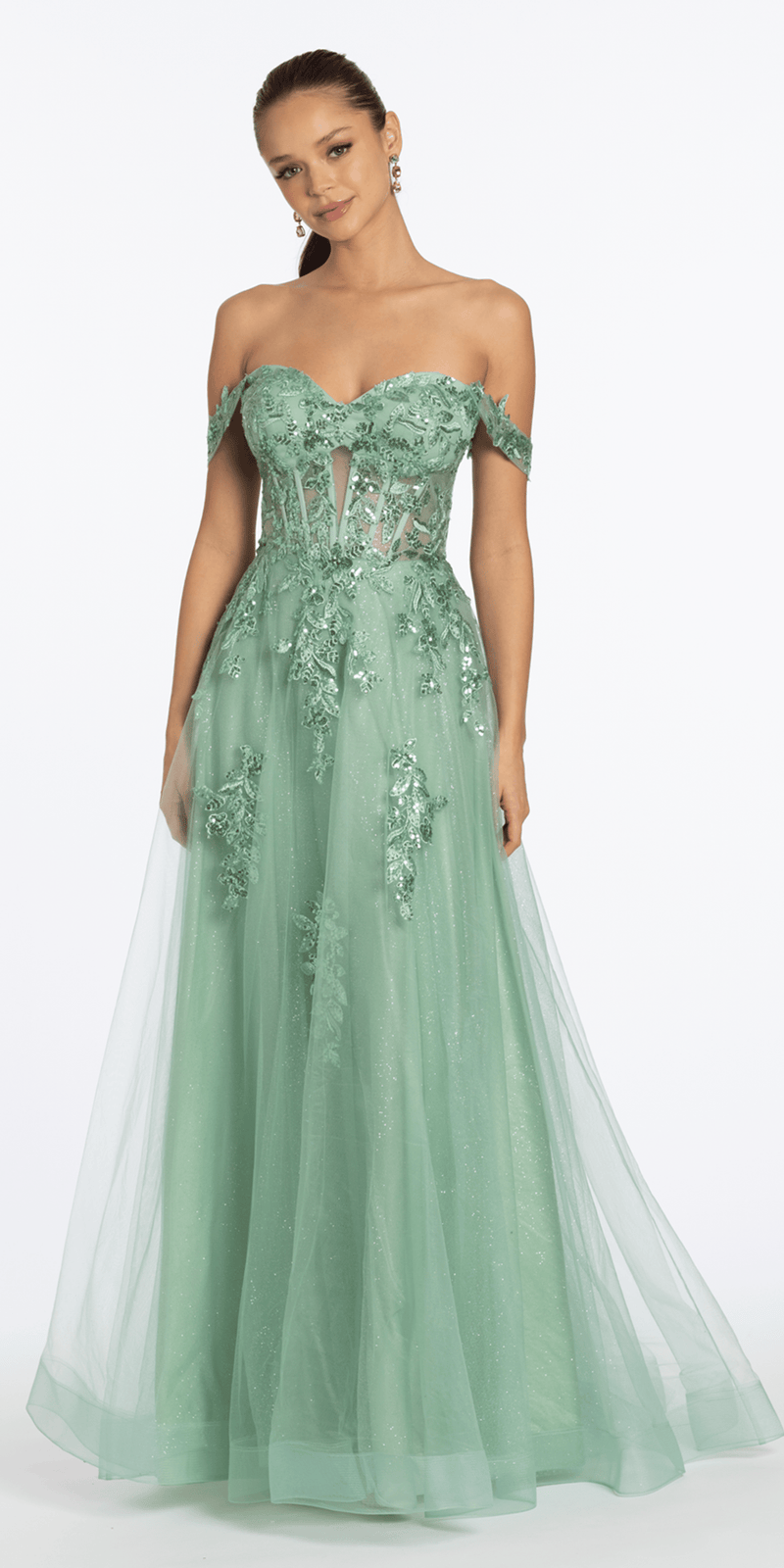 Sequin Embroidered Off the Shoulder Tulle Corset Ballgown - Camille La Vie