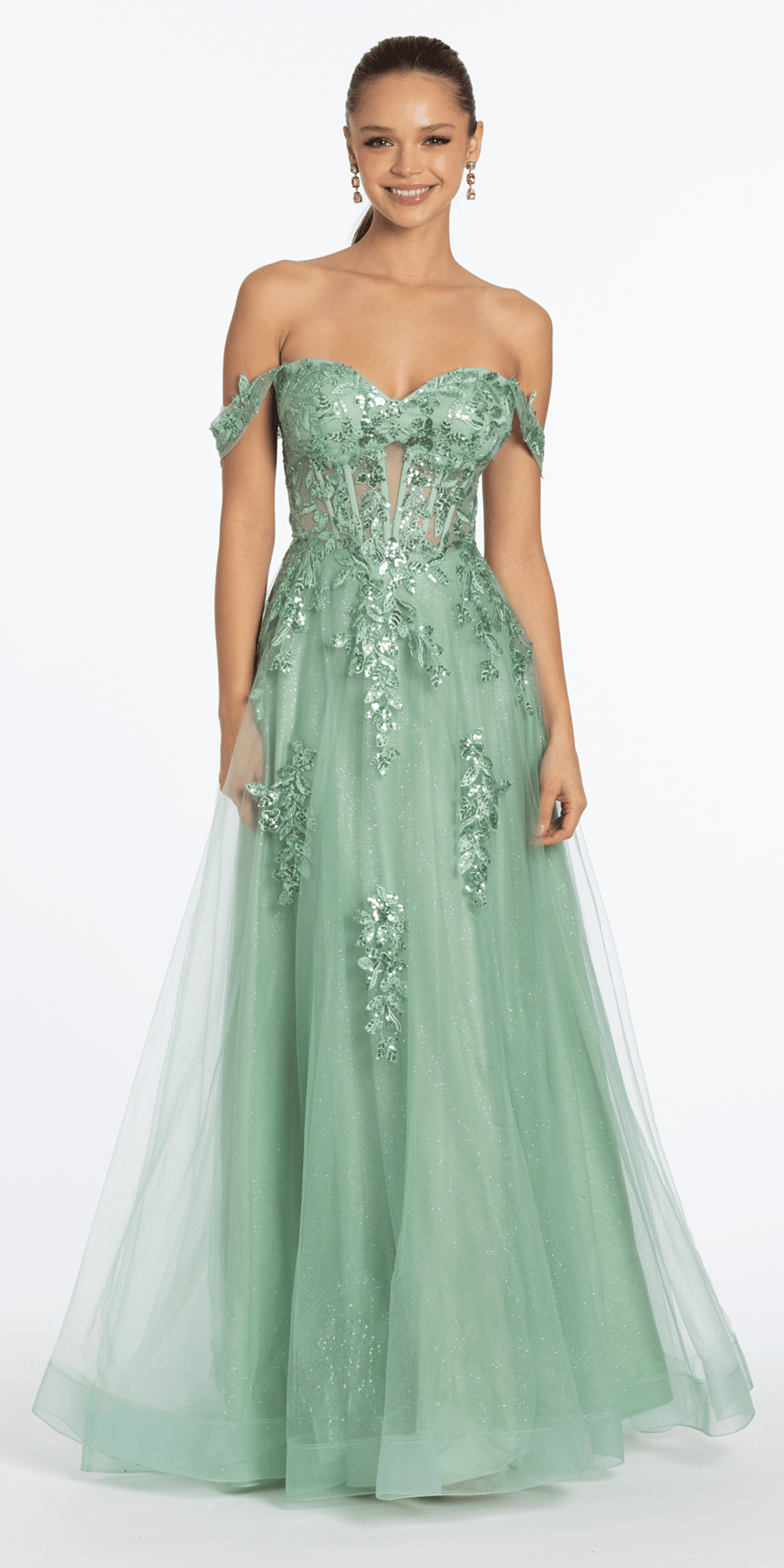 Sequin Embroidered Off the Shoulder Tulle Corset Ballgown - Camille La Vie