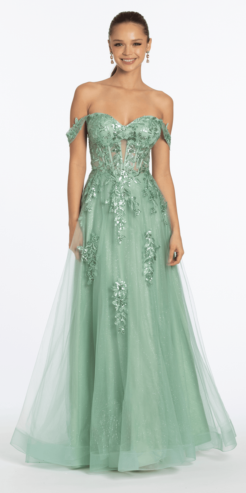 Sequin Embroidered Off the Shoulder Tulle Corset Ballgown - Camille La Vie
