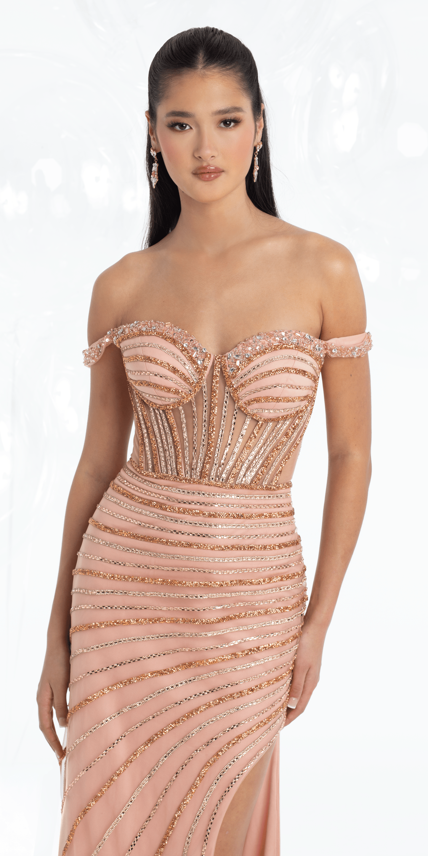 Mesh Rhinestone Linear Stripe Off the Shoulder Trumpet Dress - Camille La Vie