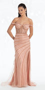 Mesh Rhinestone Linear Stripe Off the Shoulder Trumpet Dress - Camille La Vie