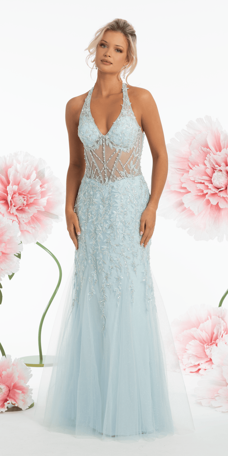 Mesh Halter Mermaid Corset Dress with 3D Florals and Pearl Detail - Camille La Vie