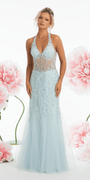 Mesh Halter Mermaid Corset Dress with 3D Florals and Pearl Detail - Camille La Vie