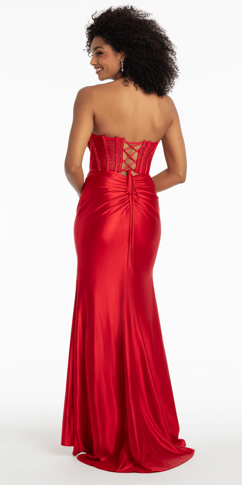 Satin Stone Encrusted Strapless Sweetheart Corset Column Dress with Side Ruching - Camille La Vie