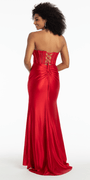 Satin Stone Encrusted Strapless Sweetheart Corset Column Dress with Side Ruching - Camille La Vie