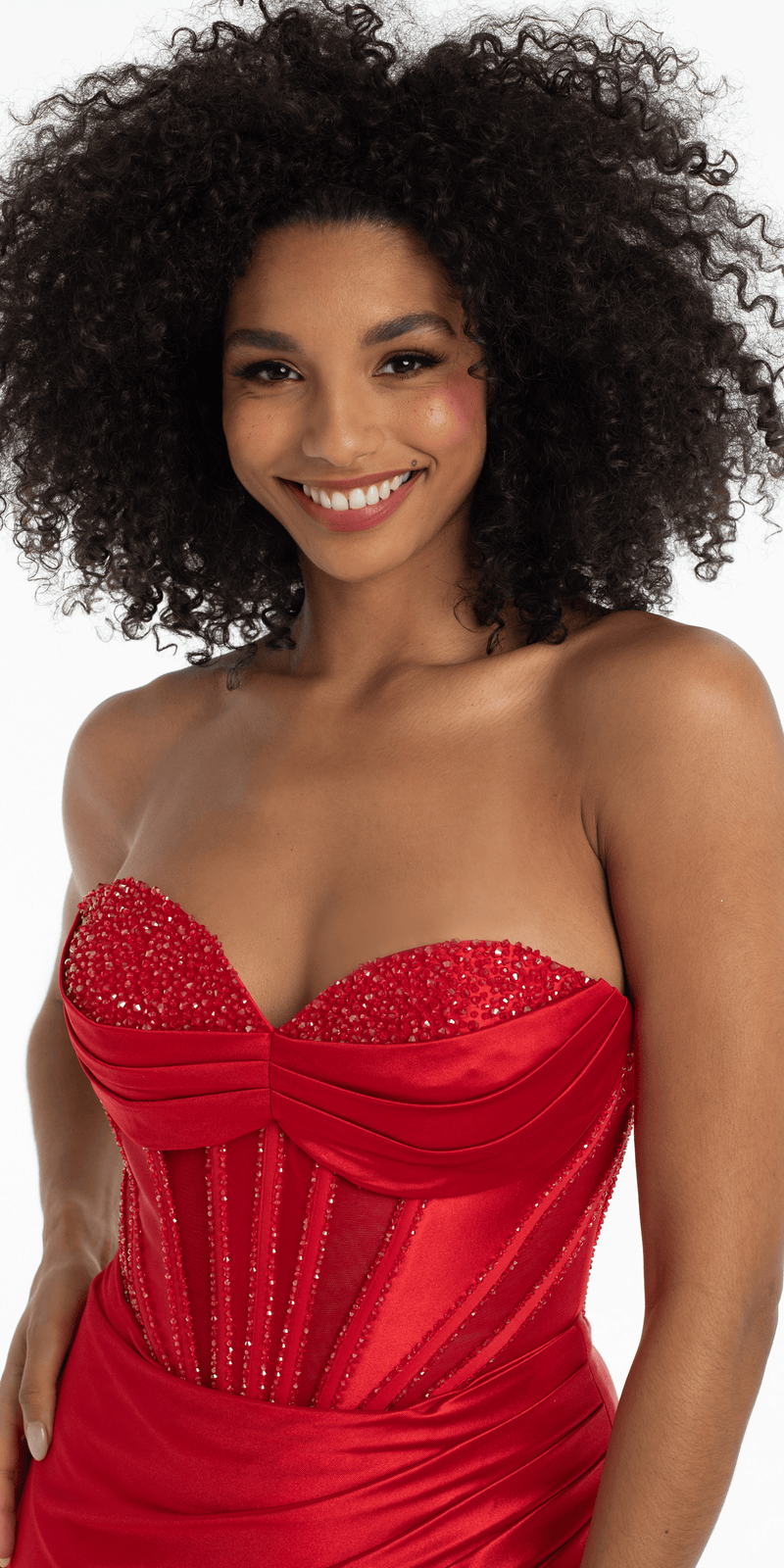 Satin Stone Encrusted Strapless Sweetheart Corset Column Dress with Side Ruching - Camille La Vie