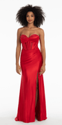 Satin Stone Encrusted Strapless Sweetheart Corset Column Dress with Side Ruching - Camille La Vie