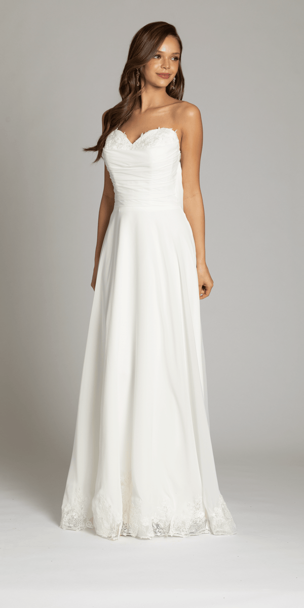 Strapless Chiffon Drape A Line Dress with Applique Hem - Camille La Vie