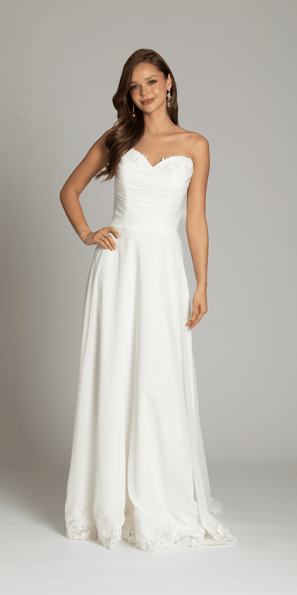 Strapless Chiffon Drape A Line Dress with Applique Hem - Camille La Vie
