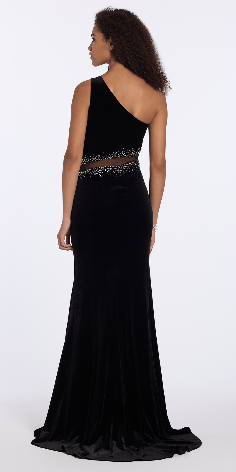 Camille La Vie One Shoulder Velvet Rhinestone Column Dress with Cut Outs