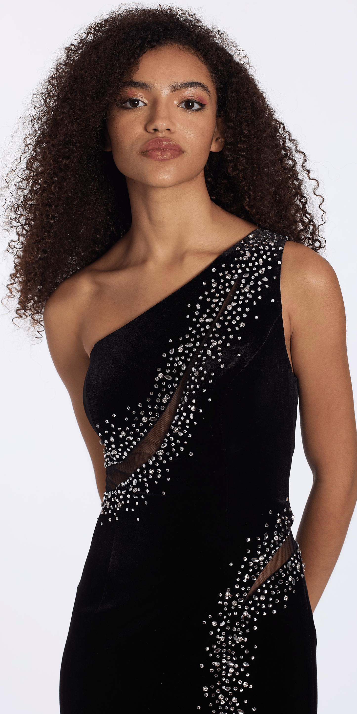 Camille La Vie One Shoulder Velvet Rhinestone Column Dress with Cut Outs