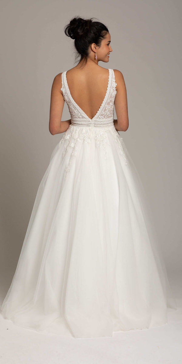 Plunging Crochet Lace V Back Ballgown - Camille La Vie