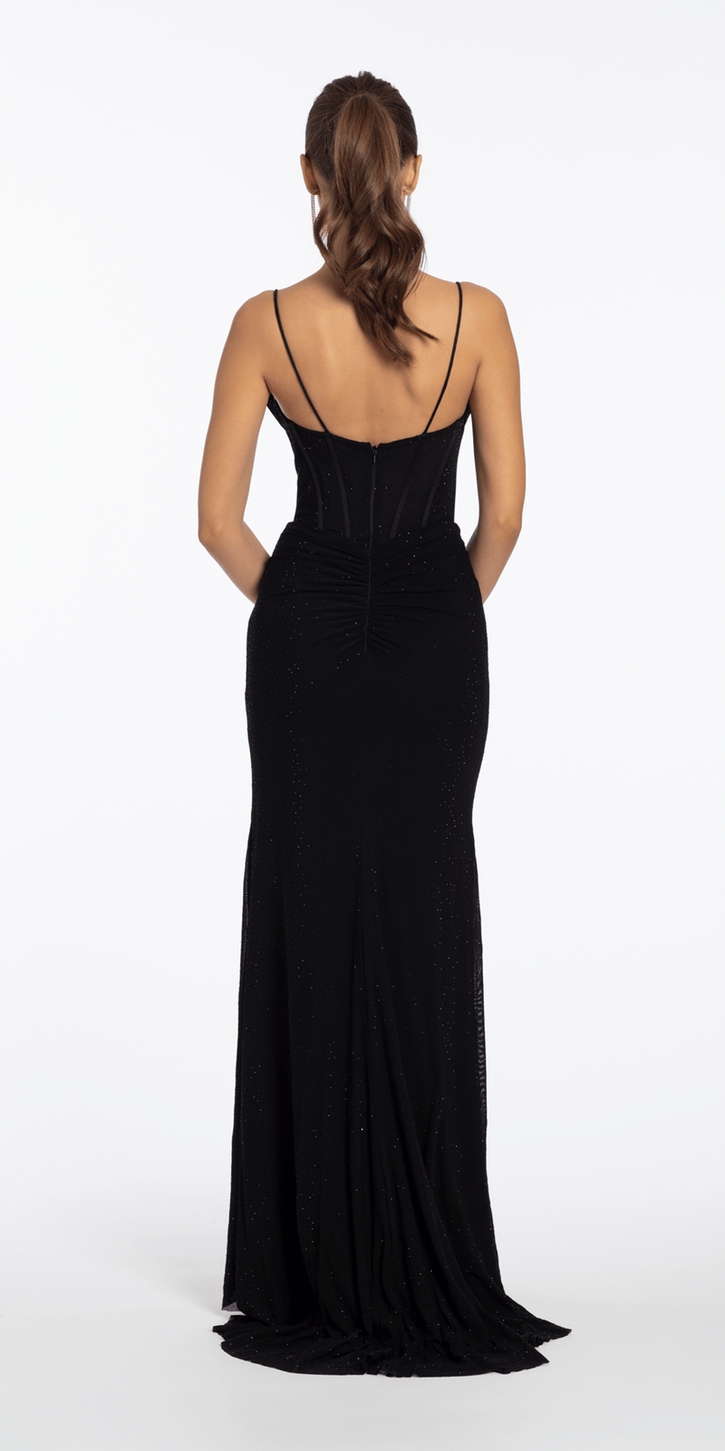 Camille La Vie Mesh Drape Neck Corset Column Dress with Heat Set Stones