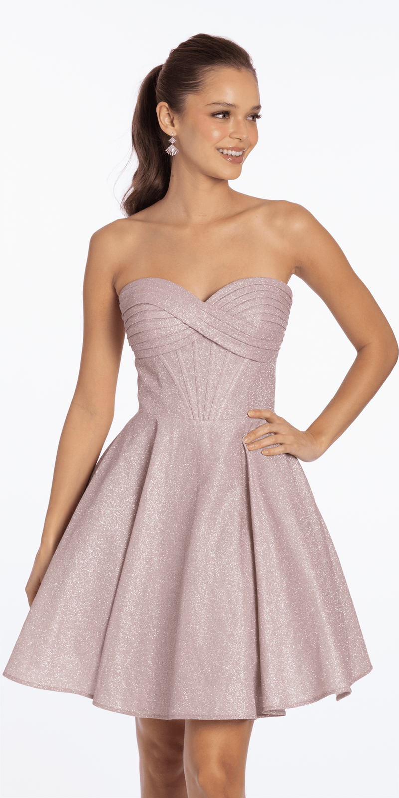 Camille La Vie Strapless Shimmer Cris Cross Corset Fit and Flare Dress