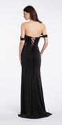 black-silver/size/4/missy/Camille La Vie/ Mesh Embellished Off the Shoulder Column Dress with Illusion Side/back
