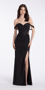 black-silver/size/4/missy/Camille La Vie/ Mesh Embellished Off the Shoulder Column Dress with Illusion Side/front 2