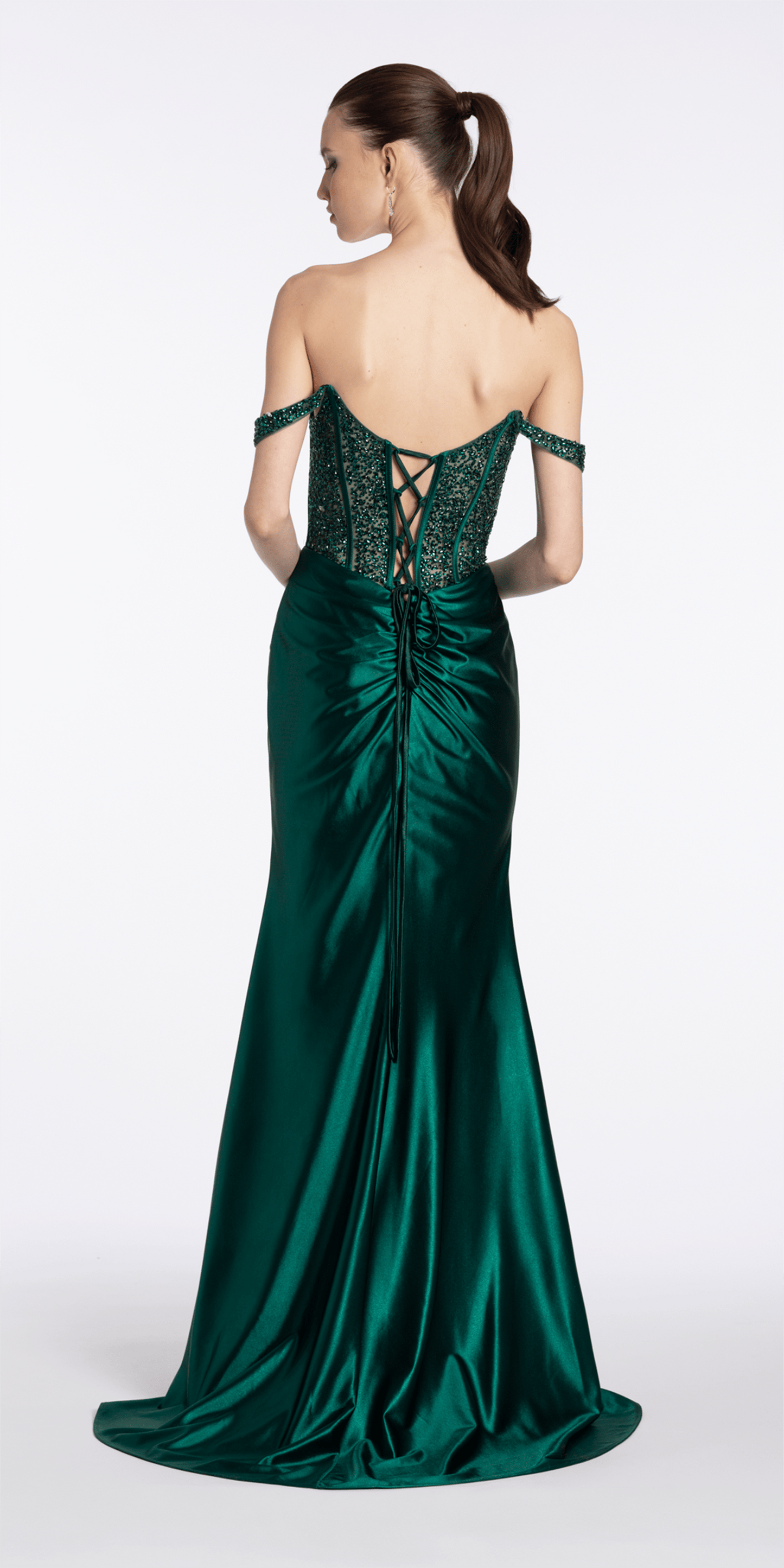 Camille La Vie Embellished Off the Shoulder Sateen Corset Dress with Ruching