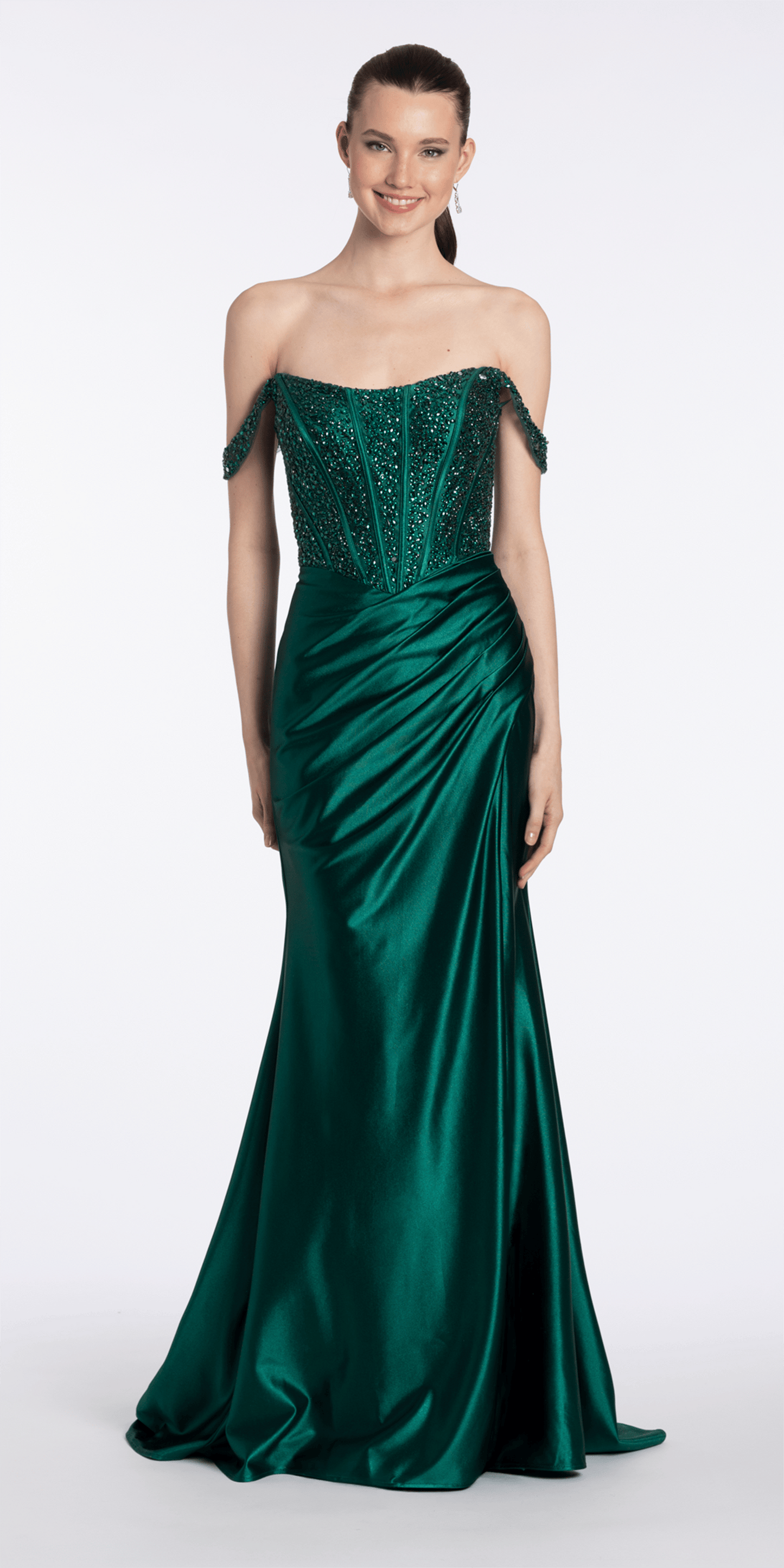 Camille La Vie Embellished Off the Shoulder Sateen Corset Dress with Ruching missy / 0 / emerald