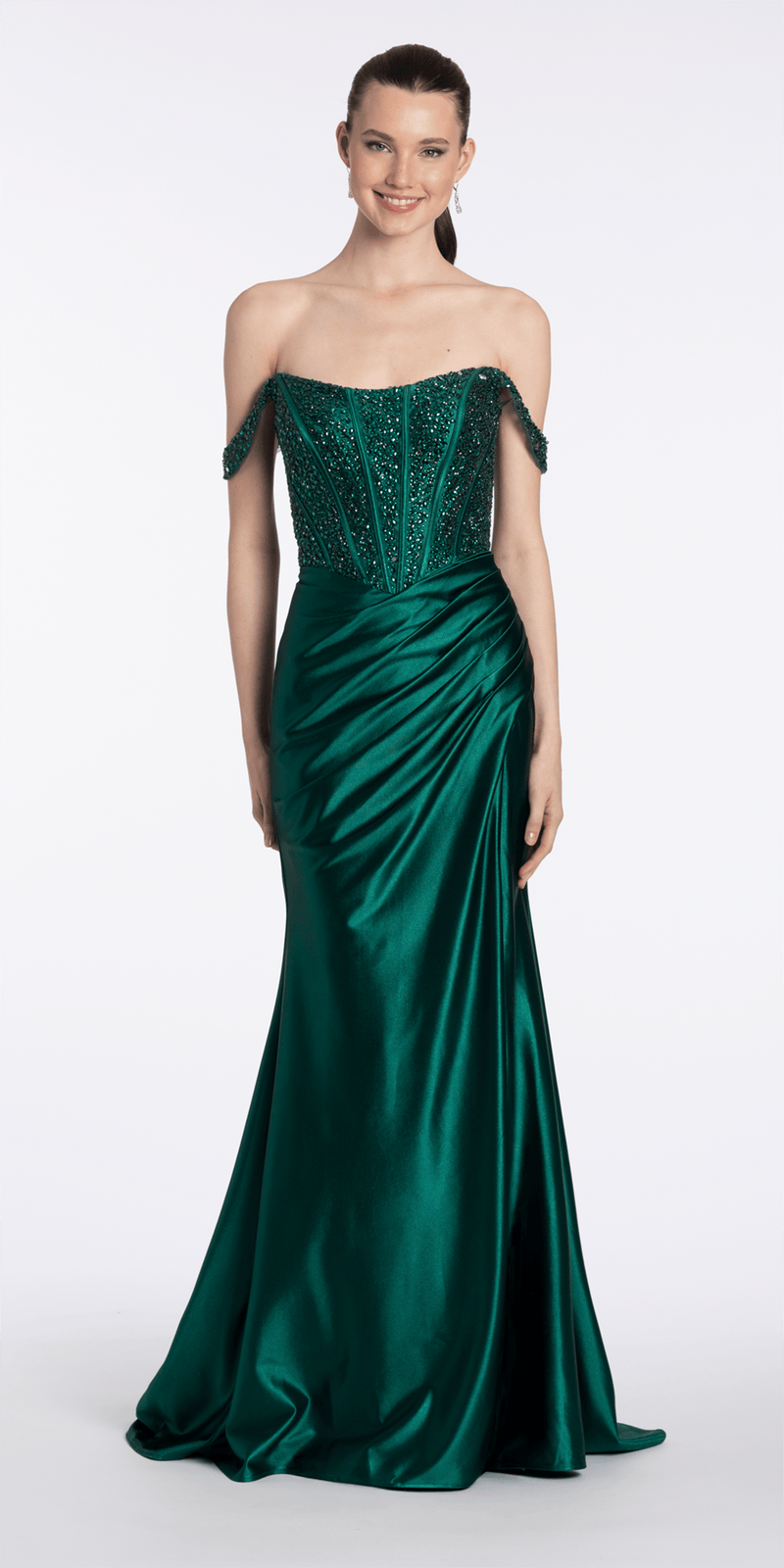 Camille La Vie Embellished Off the Shoulder Sateen Corset Dress with Ruching missy / 0 / emerald