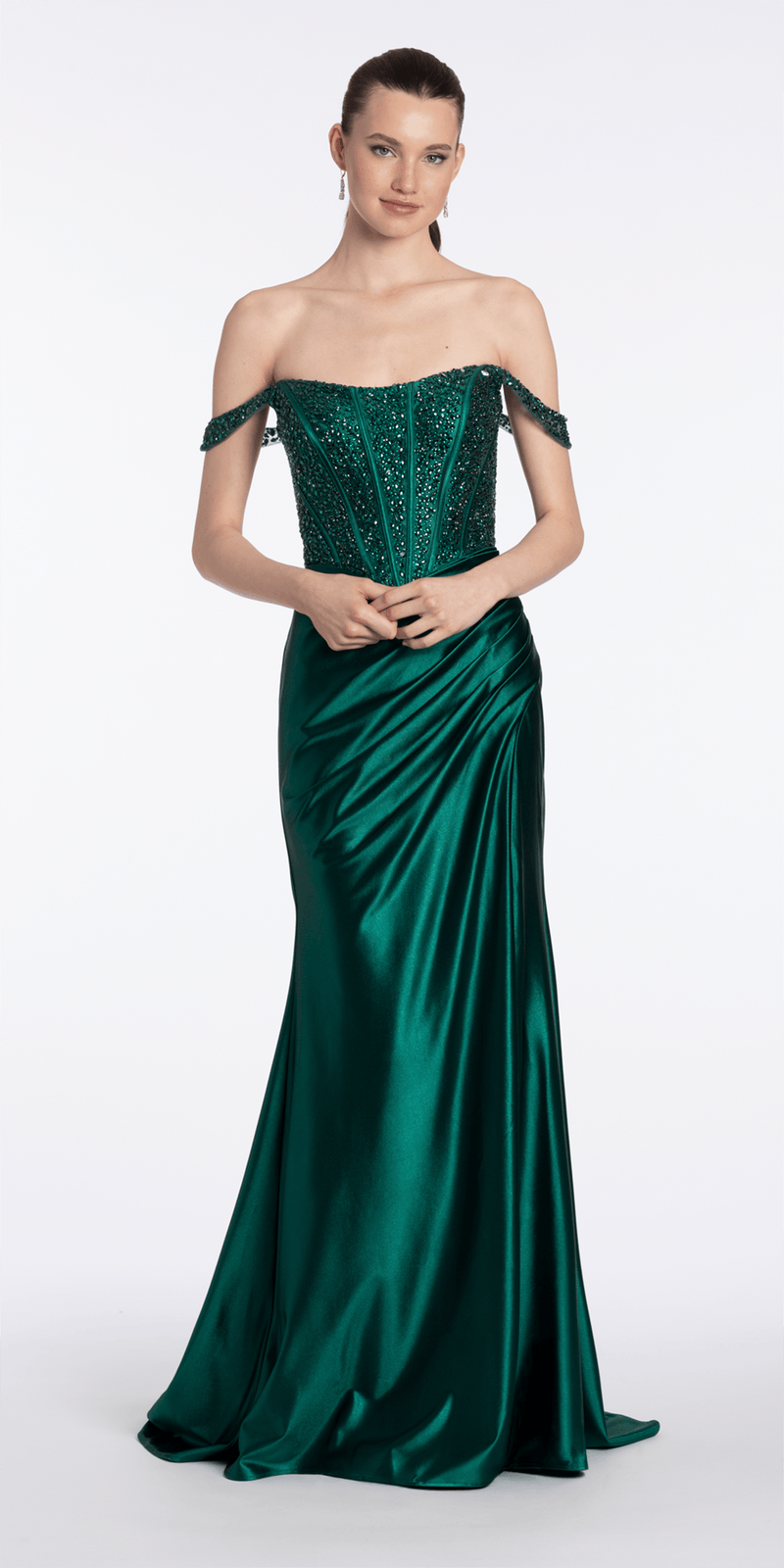 Camille La Vie Embellished Off the Shoulder Sateen Corset Dress with Ruching