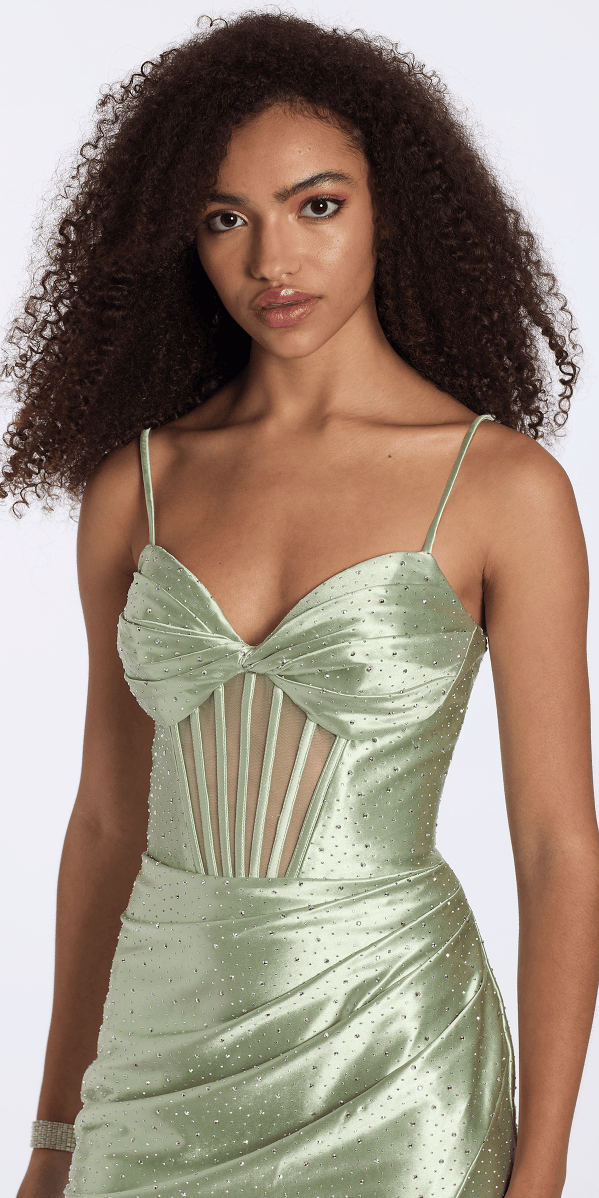 Camille La Vie Satin Embellished Twist Bodice Corset Bodycon Dress