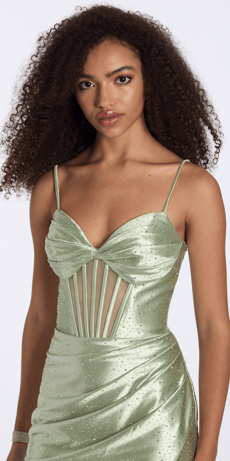 Camille La Vie Satin Embellished Twist Bodice Corset Bodycon Dress