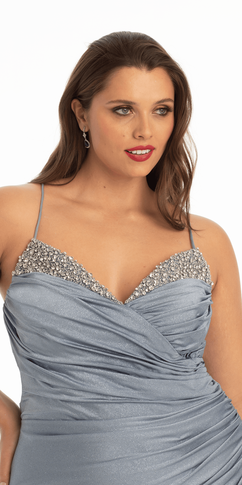 Glitter Sweetheart Lace Up Back Dress with Side Ruching - Camille La Vie