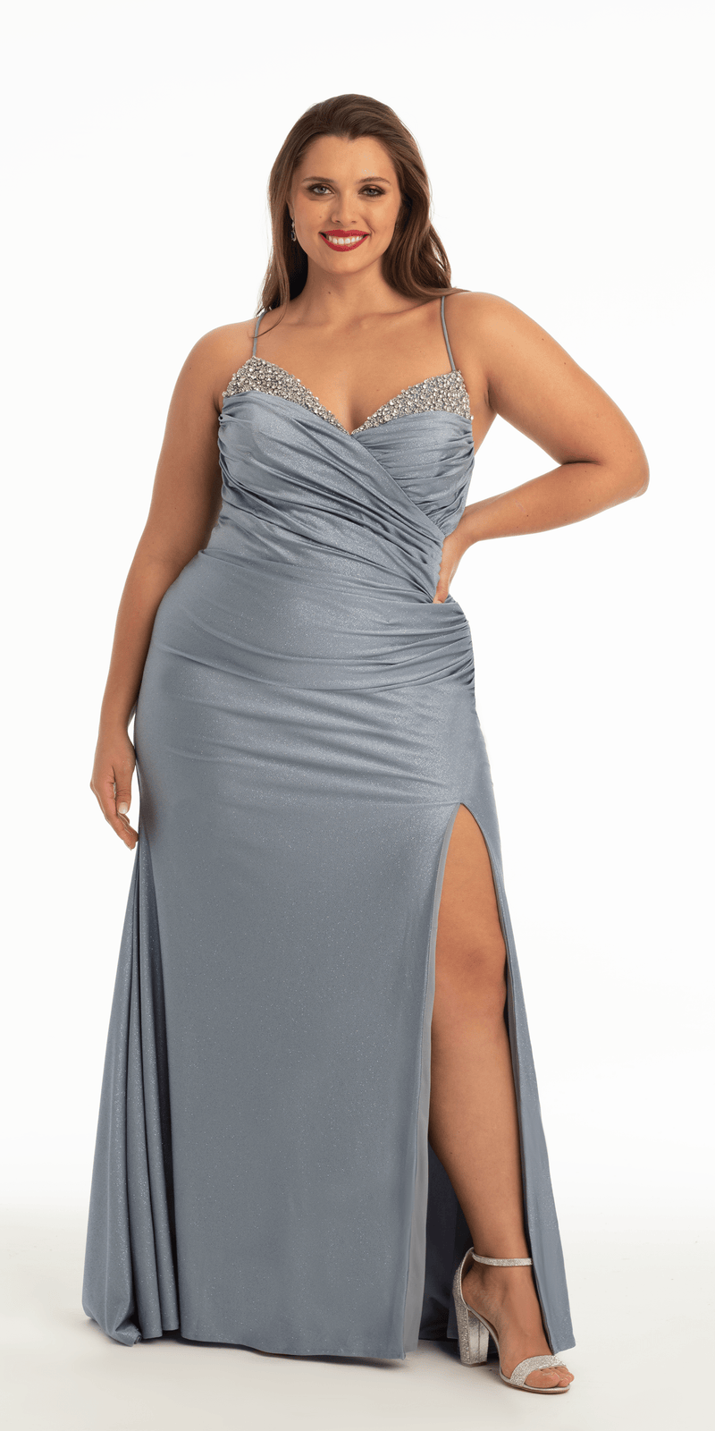 Glitter Sweetheart Lace Up Back Dress with Side Ruching - Camille La Vie