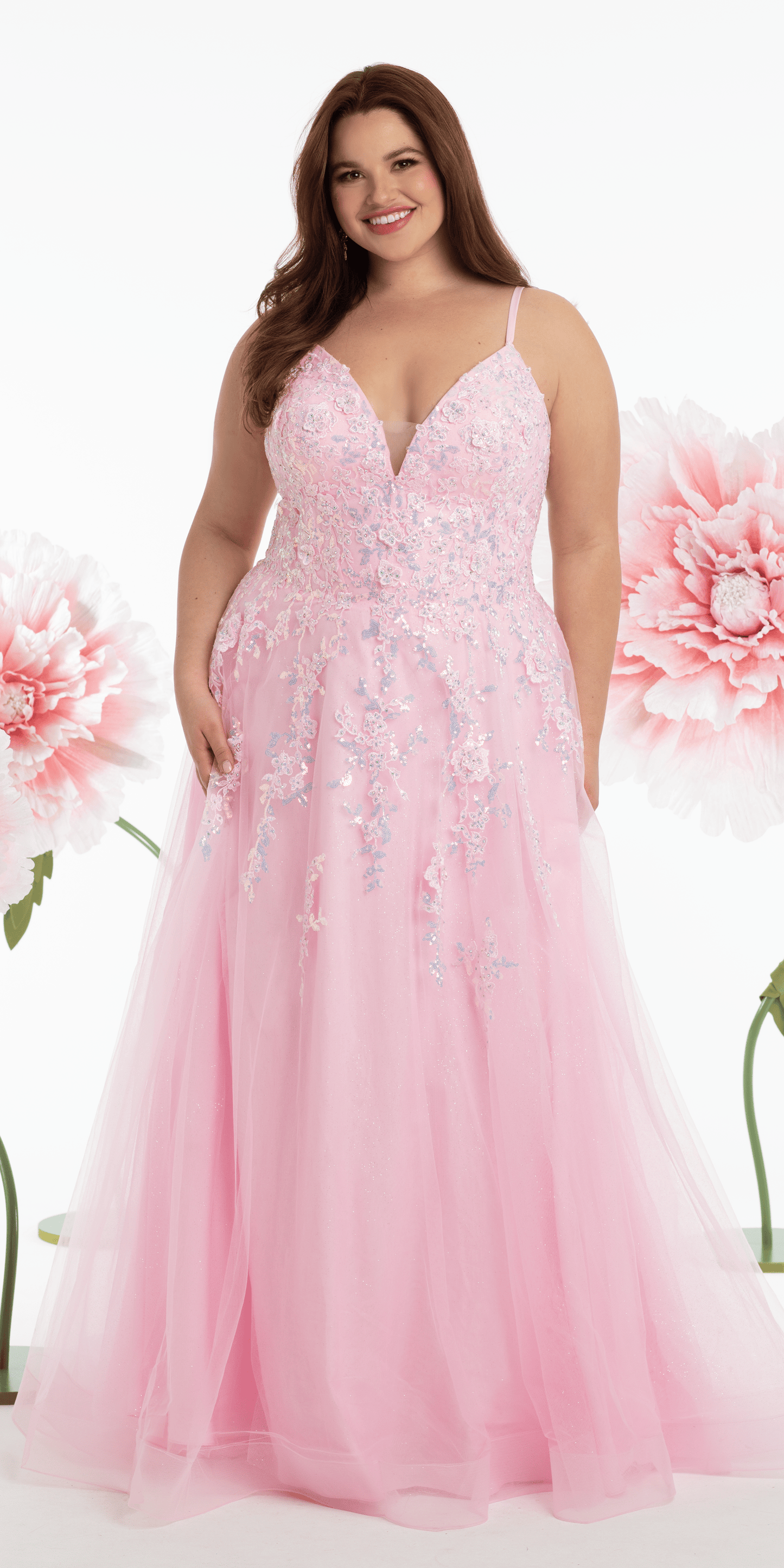 Sweetheart Plunging Mesh Corset Ballgown with Embellished Appliques - Camille La Vie