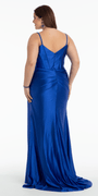 royal-blue/size/14 plus/ Camille La Vie/Satin Plunge Trumpet Dress with Side Ruching and Heat Set Stones/back 