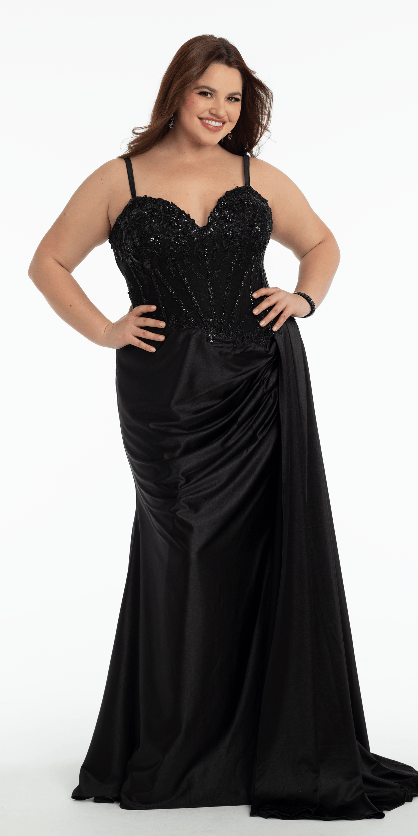 Embellished Sweetheart Corset Column Dress with Side Drape - Camille La Vie