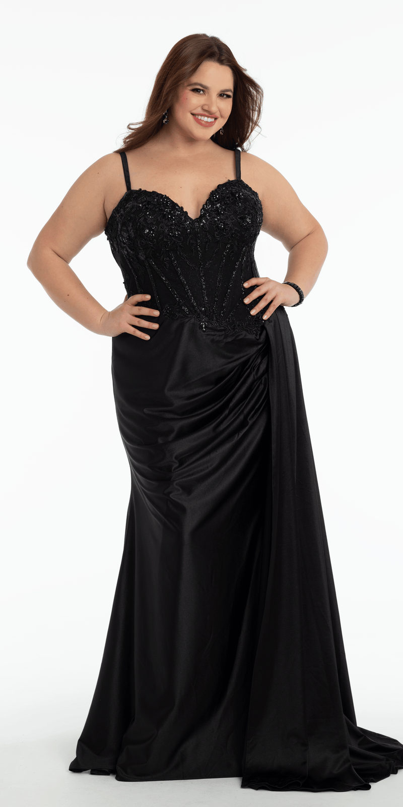 Embellished Sweetheart Corset Column Dress with Side Drape - Camille La Vie