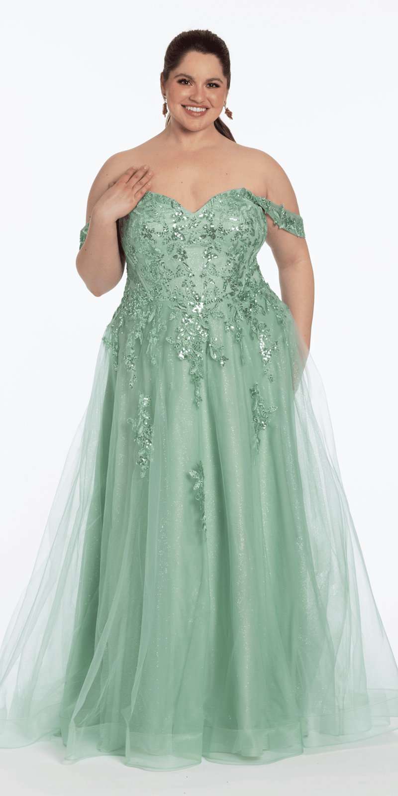 Sequin Embroidered Off the Shoulder Tulle Corset Ballgown - Camille La Vie