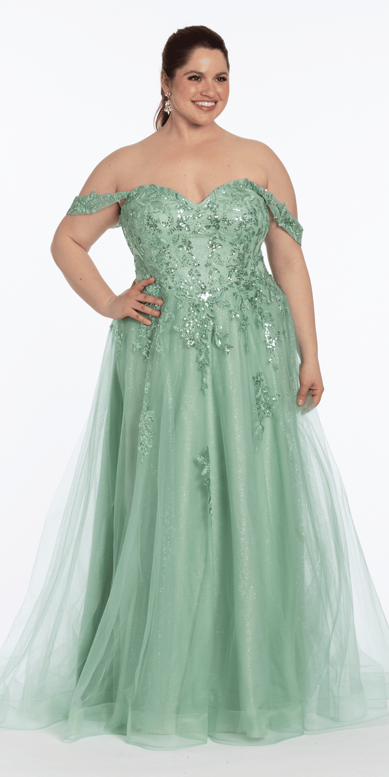 Sequin Embroidered Off the Shoulder Tulle Corset Ballgown - Camille La Vie