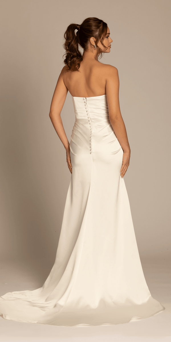 ivory/size/4/missy/ Camille La Vie/Satin Mock Wrap Pleated Column Dress with Chapel Train/back
