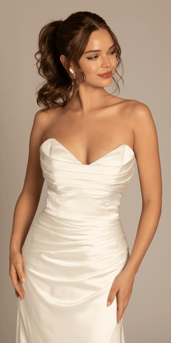 ivory/size/4/missy/ Camille La Vie/Satin Mock Wrap Pleated Column Dress with Chapel Train/close up