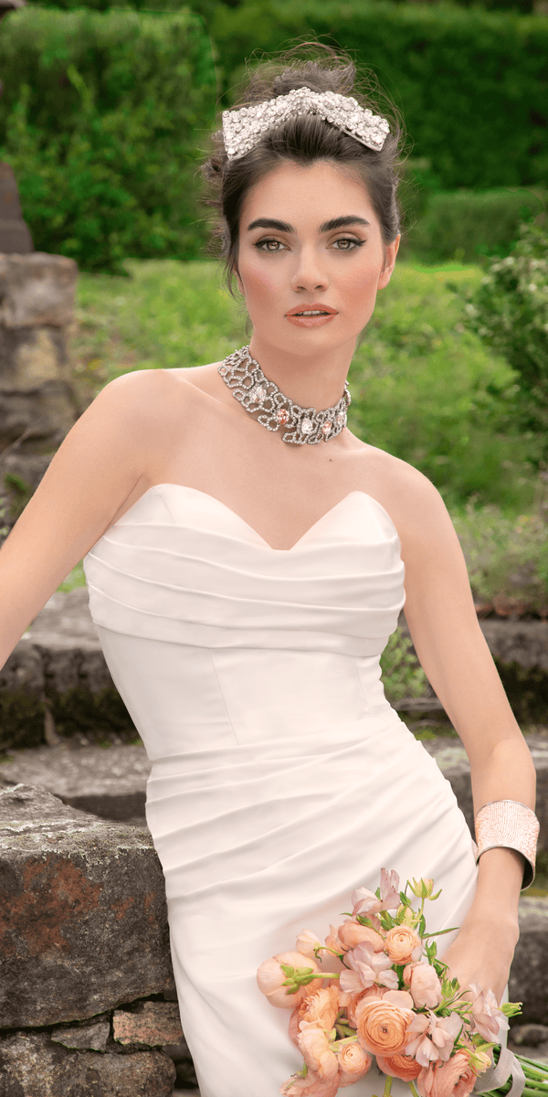 ivory/size/4/missy/ Camille La Vie/Satin Mock Wrap Pleated Column Dress with Chapel Train/lifestyle close up