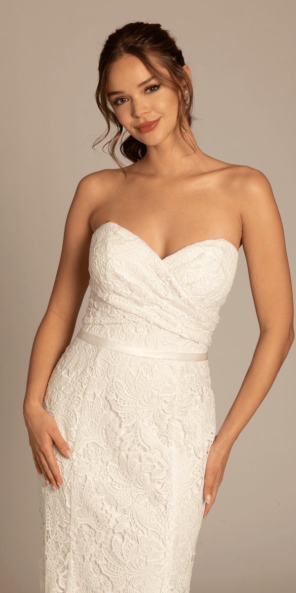 Strapless Sweetheart Lace Trumpet Dress with Cris Cross Bodice - Camille La Vie