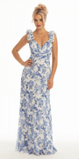 Floral Print Chiffon Column Dress with Ruffle Shoulders - Camille La Vie